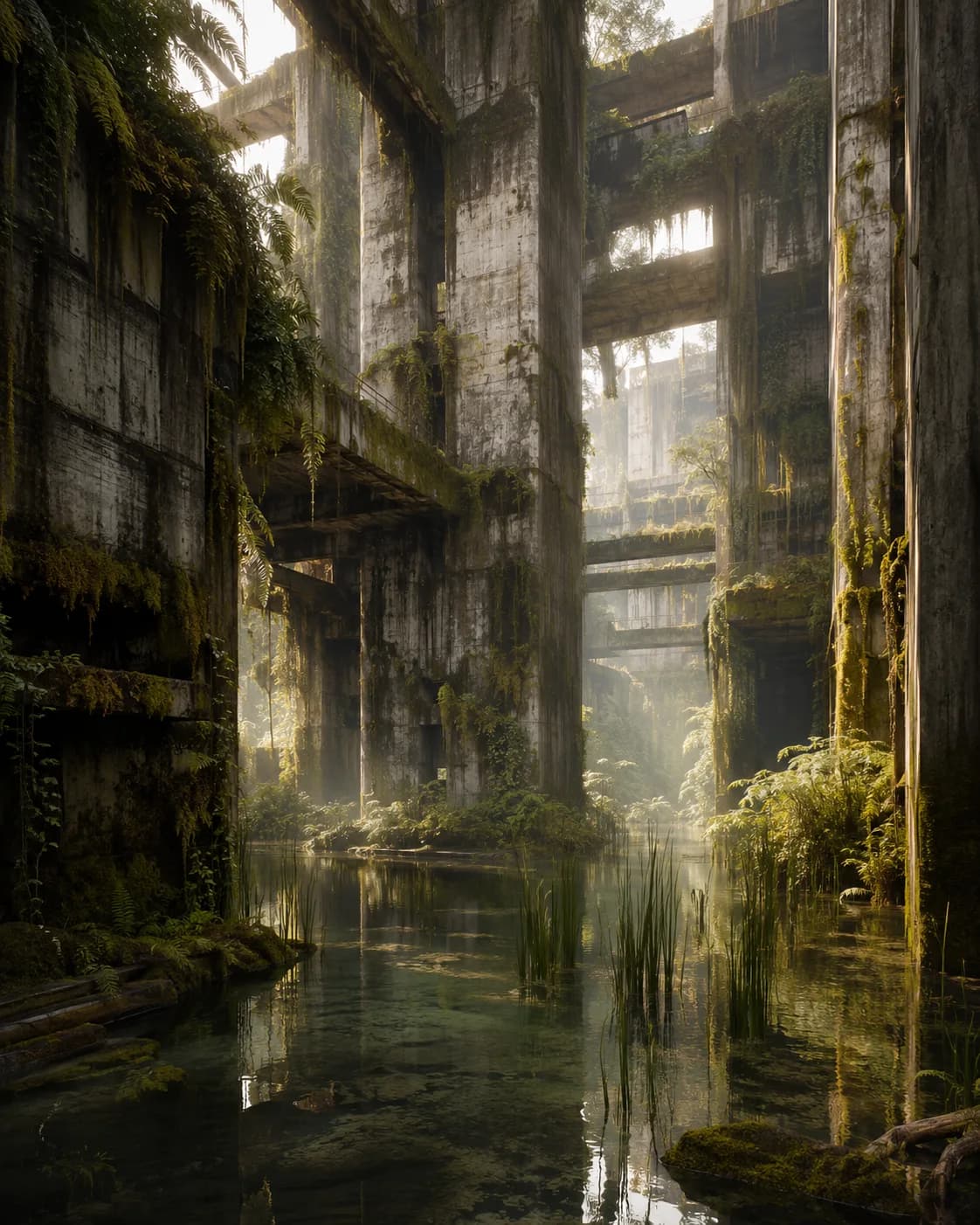 Creature architecture above flooded ruins, generated with Inhabited Anatomy Worlds