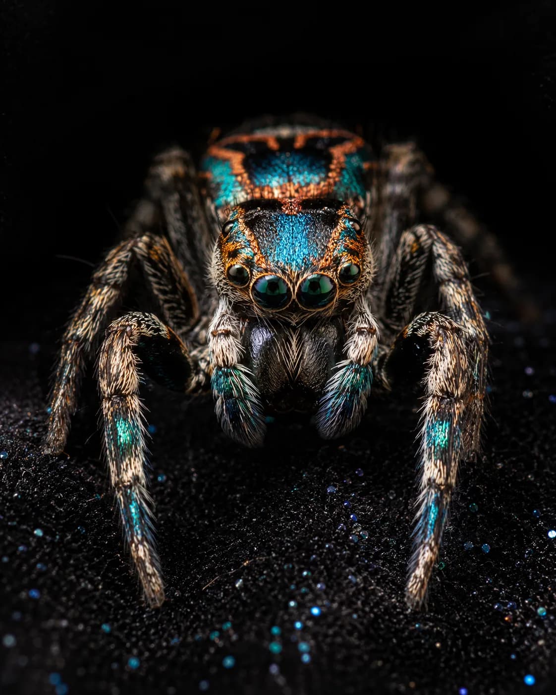 Peacock spider photographed like a jewel, generated with Entomological Glamour Portraits