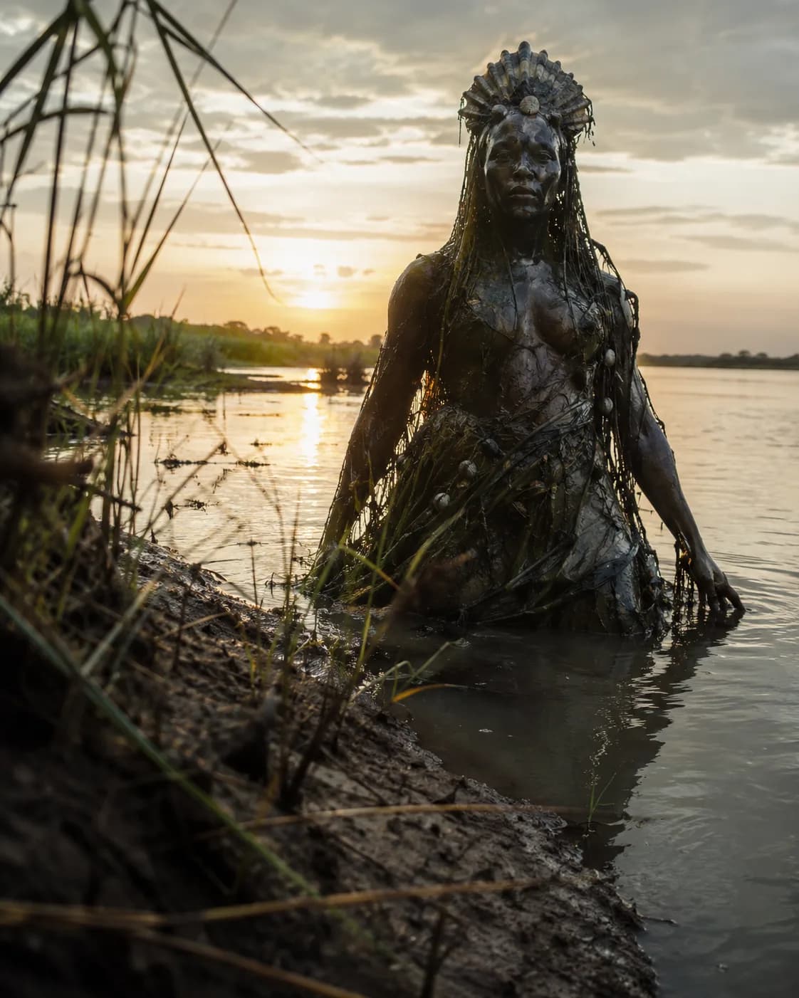 River goddess observed in a natural landscape, generated with Documentary Mythology Photos