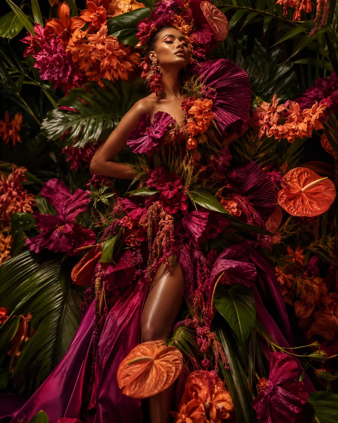 Tropical floral fashion editorial, generated with Botanical Excess Fashion Portraits